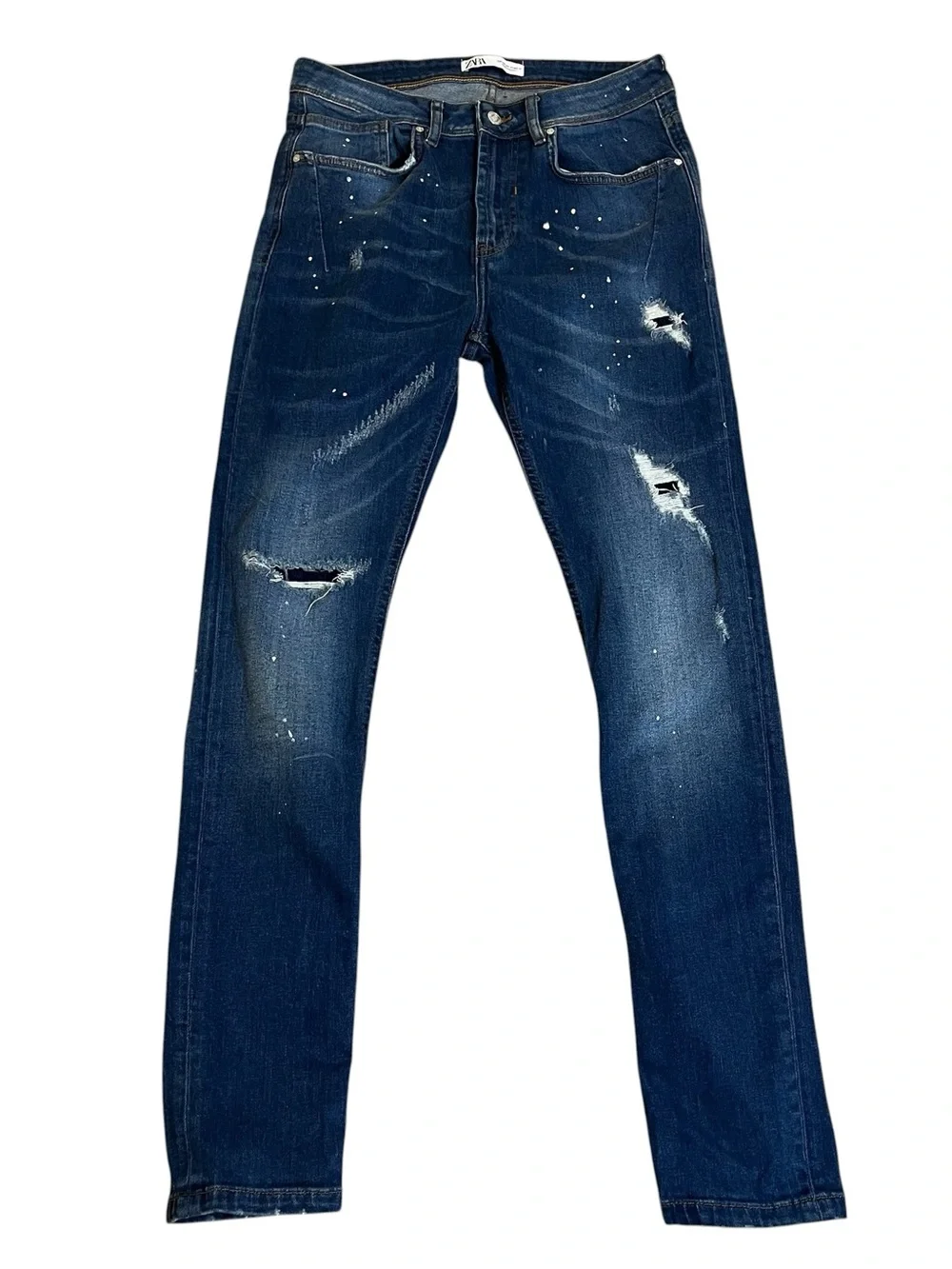 Zara Men's Dark Blue Slim Distressed Paint Splatter Jeans Sz 31